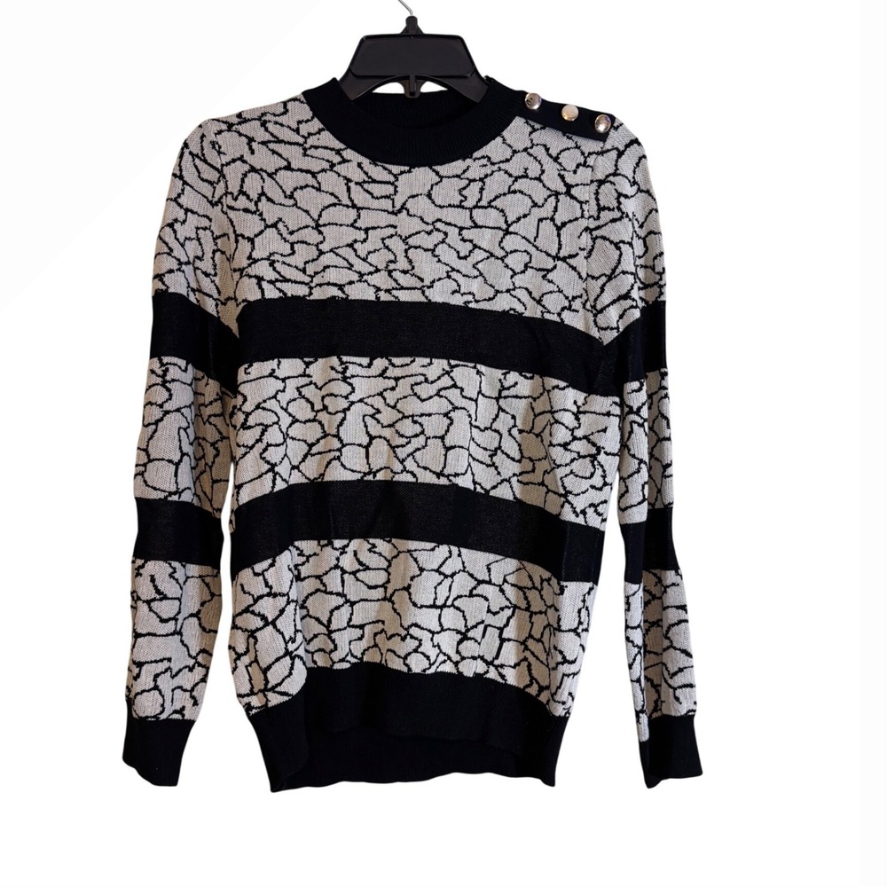 N By Nancy Striped Patterned Black Cream Sweater with Shoulder Button‎ Detail XL